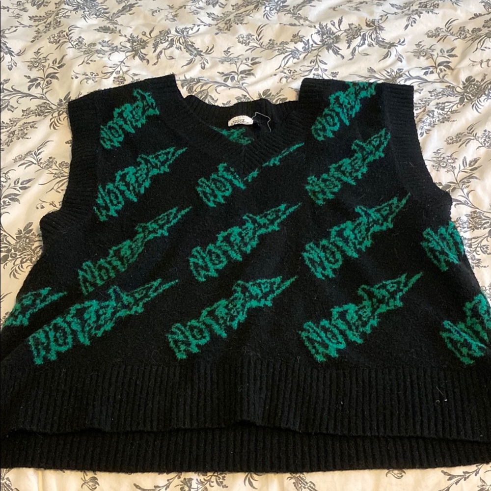 H&M Black V-Neck Sweater Vest with Green Pattern